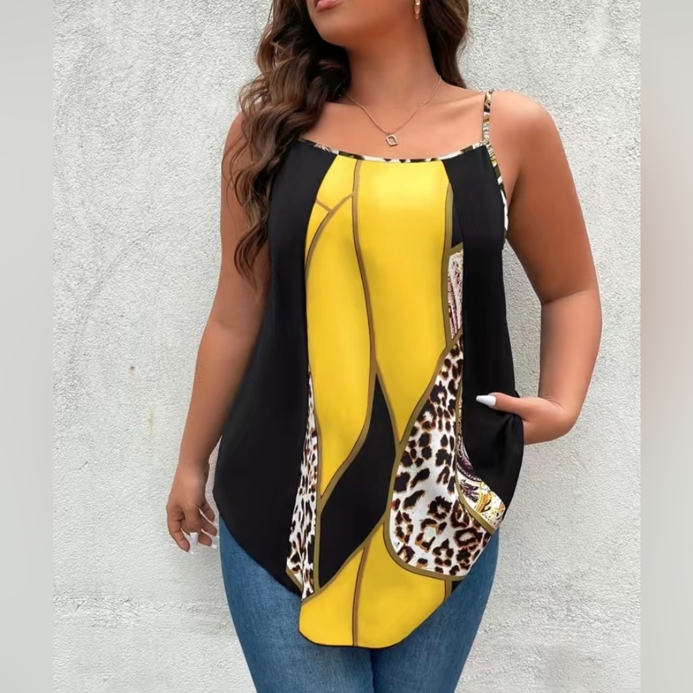Yellow Plus Size Casual Cami Top, Women's Plus Colorblock Leopard Print​​